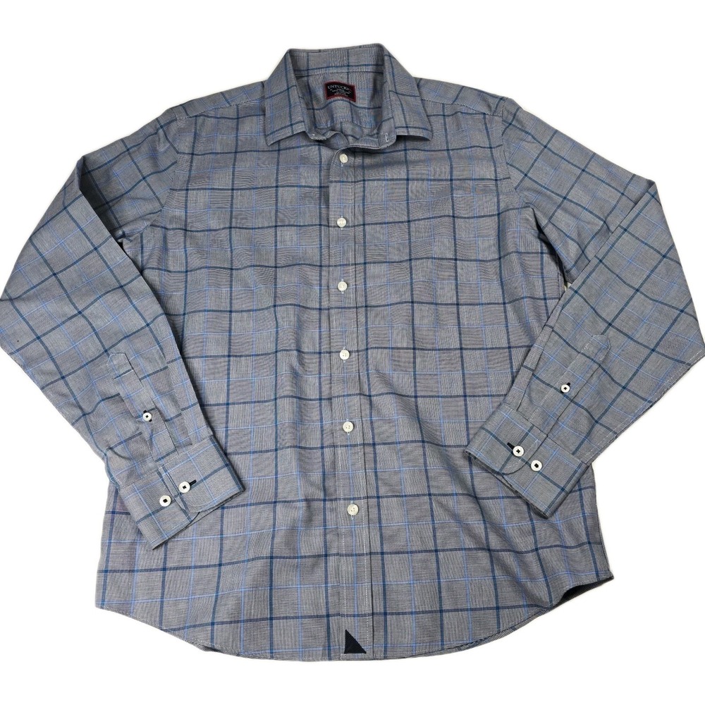 UNTUCKit Mens Large Plaid Slim Fit Wrinkle Free Cotton Button Down Shirt Blue